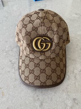 Gucci Brown Monogram GG Logo Baseball Cap with Gold Emblem